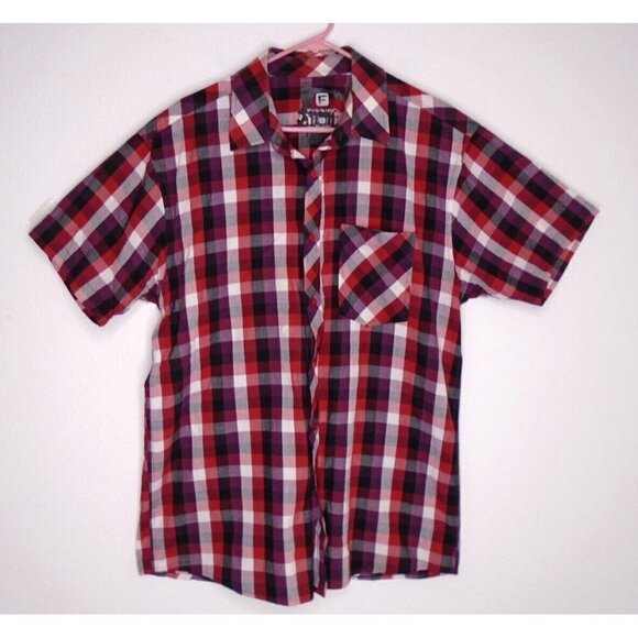 Fission Plaid Shirt Button Up Short Sleeve Red Black White Size Mens Large - Picture 1 of 12